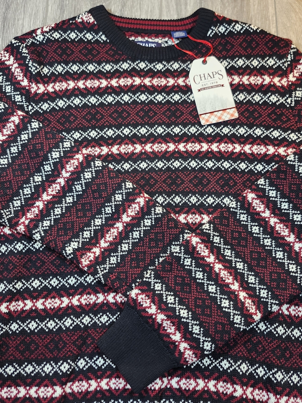 Chaps Men's Red, Black & White Fair Isle Crewneck Sweater